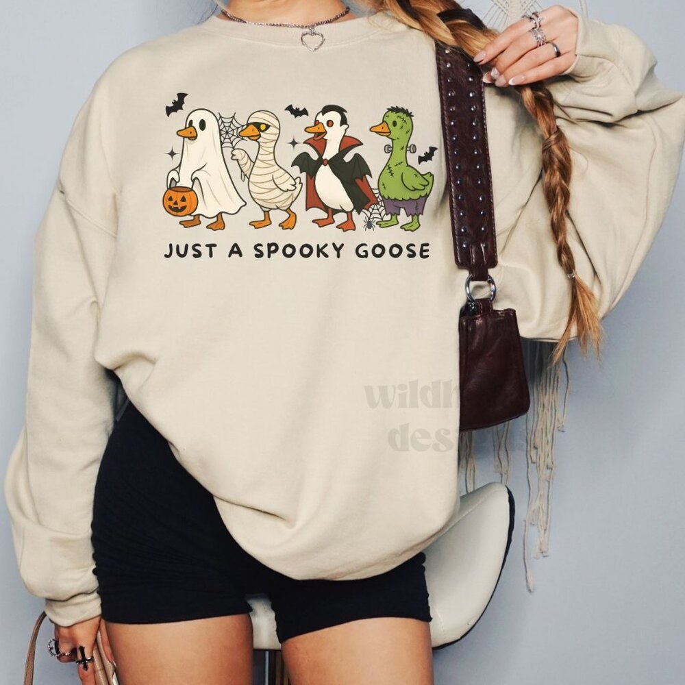 Just A Spooky Goose Sweatshirt, Spooky Goose Halloween Sweatshirt - Sand